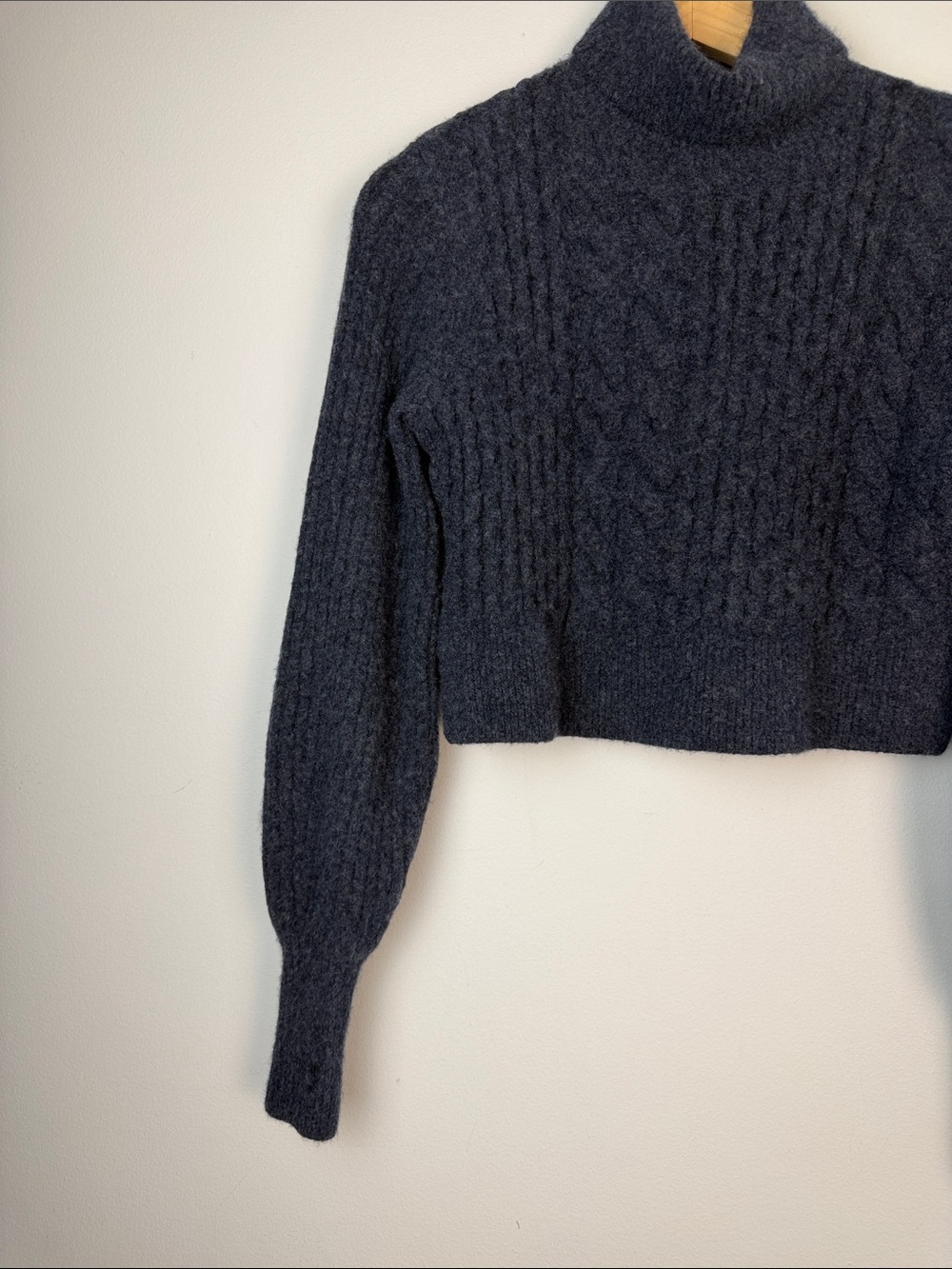 All Saints Claude Cropped Sweater Chunky Cable Knit Mock Neck Wool Blend SM Blue - Picture 5 of 16